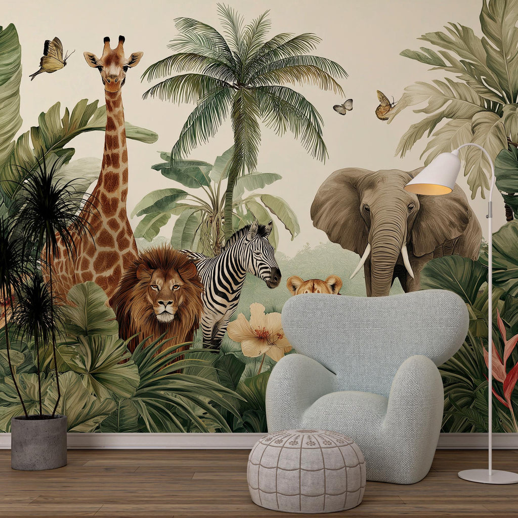 Safari Nursery Peel and Stick Wallpaper : Jungle Animals Wall Mural - View 3