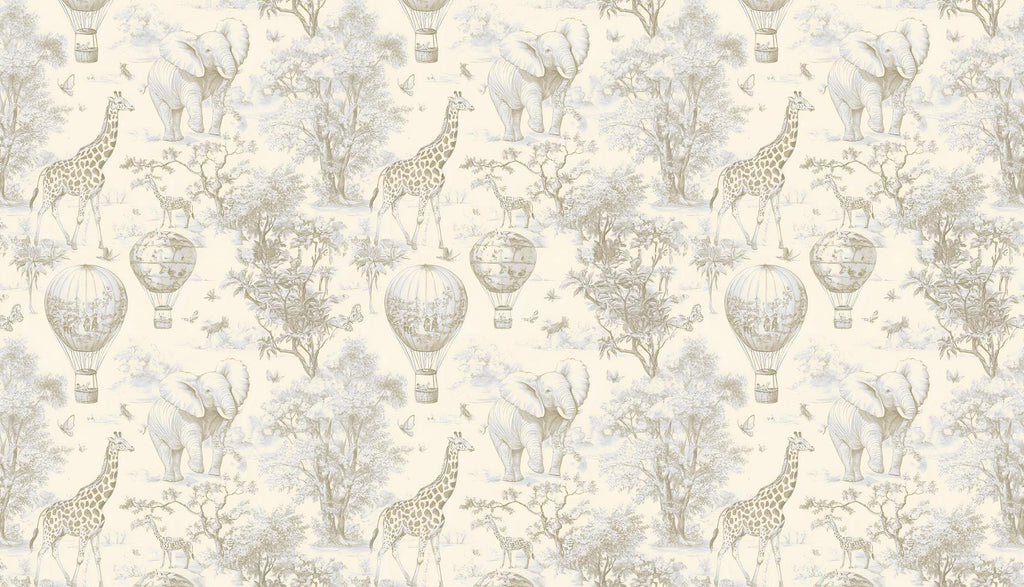Beige Safari Toile Wallpaper: Kids Room Animal Wall Mural - View 2