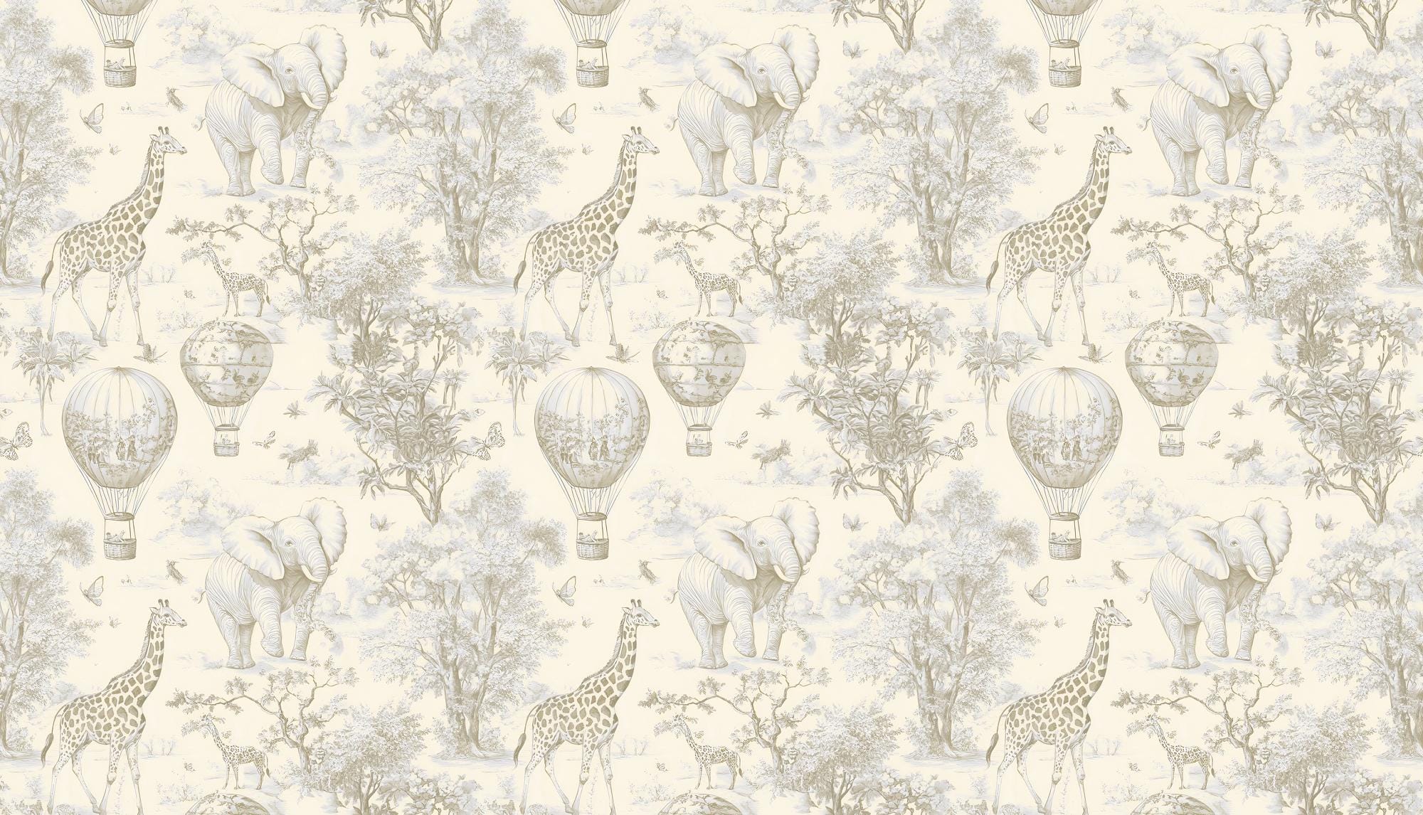 Beige Safari Toile Wallpaper: Kids Room Animal Wall Mural - View 2