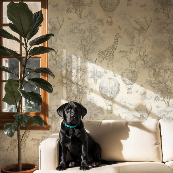 Beige Safari Toile Wallpaper: Kids Room Animal Wall Mural