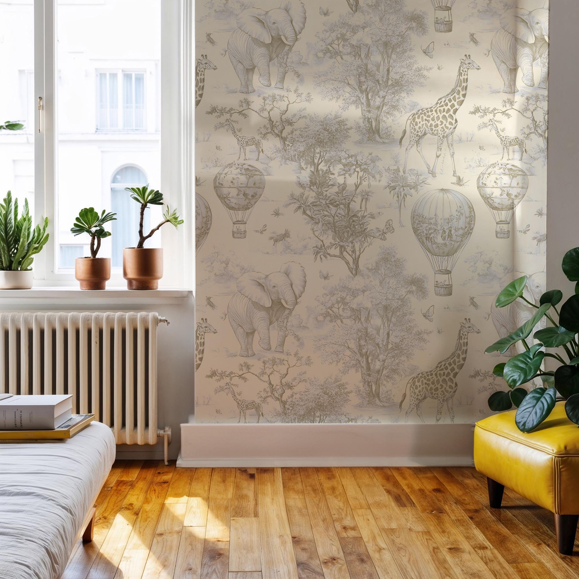 Beige Safari Toile Wallpaper: Kids Room Animal Wall Mural - View 3