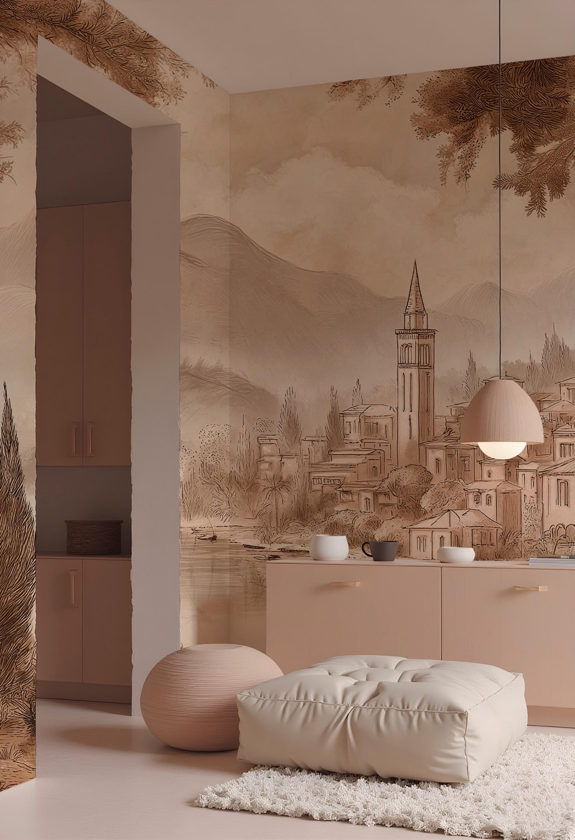 Vintage Italian Landscape Wall Mural: Countryside Peel and Stick Wallpaper - View 4