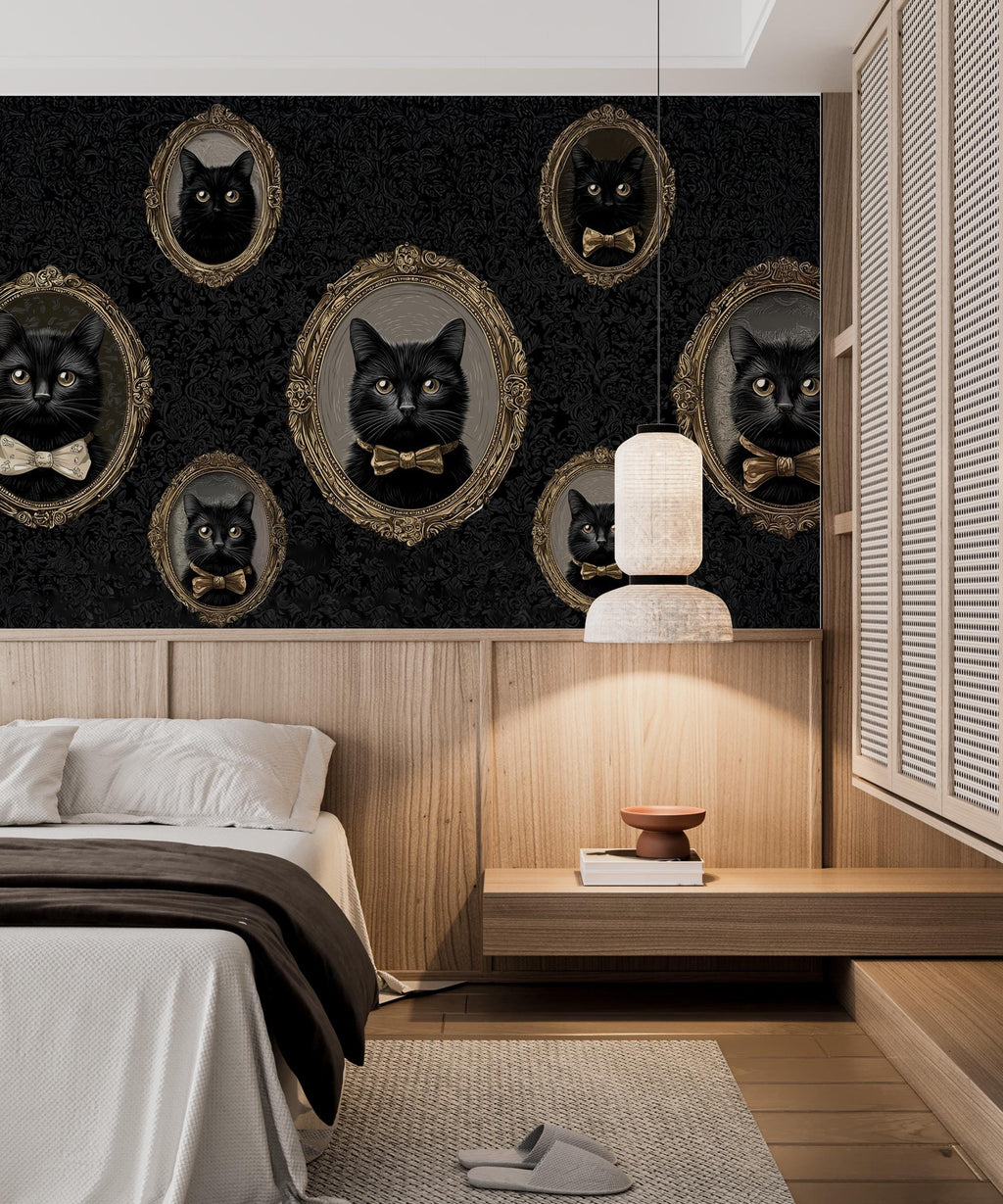 Vintage Cat Portrait Peel and Stick Wallpaper: Gothic Dark Wall Mural - View 4