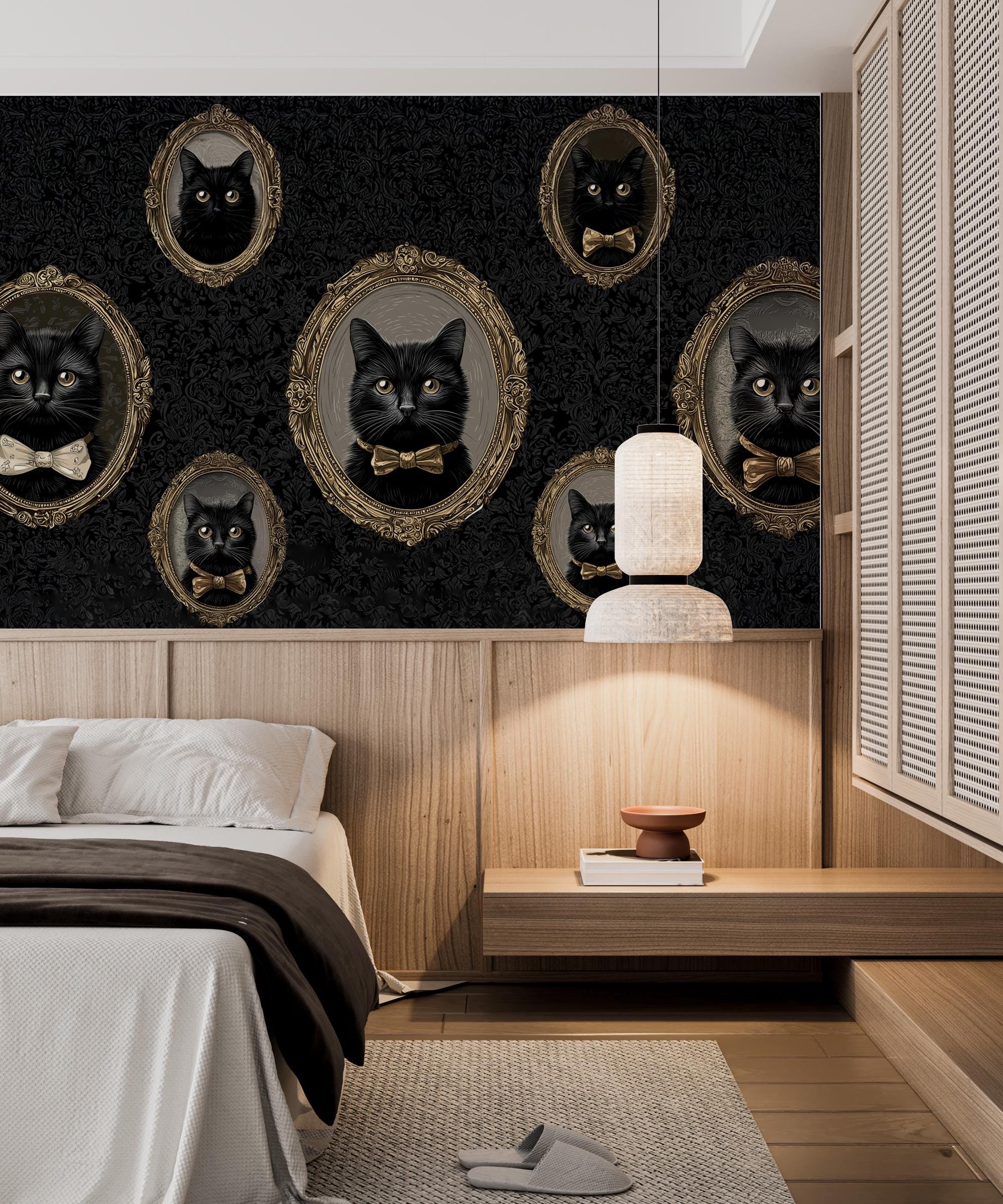 Vintage Cat Portrait Peel and Stick Wallpaper: Gothic Dark Wall Mural - View 4