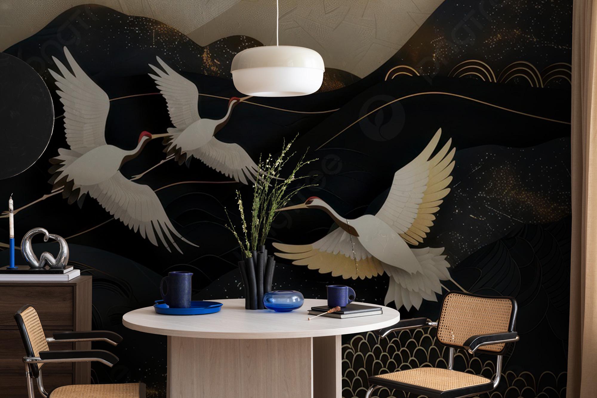 Black Crane Wallpaper: Gold Mountain, Flying Birds, Peel and Stick Mural - View 3