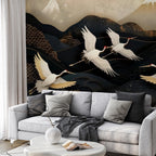 Black Crane Wallpaper: Gold Mountain, Flying Birds, Peel and Stick Mural - View 2