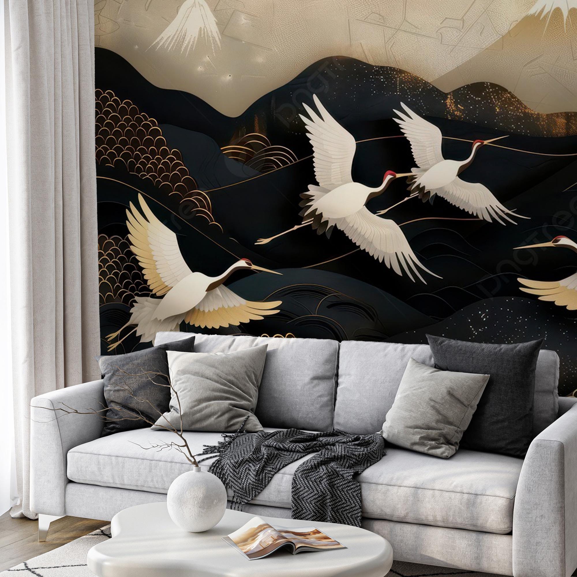 Black Crane Wallpaper: Gold Mountain, Flying Birds, Peel and Stick Mural - View 2