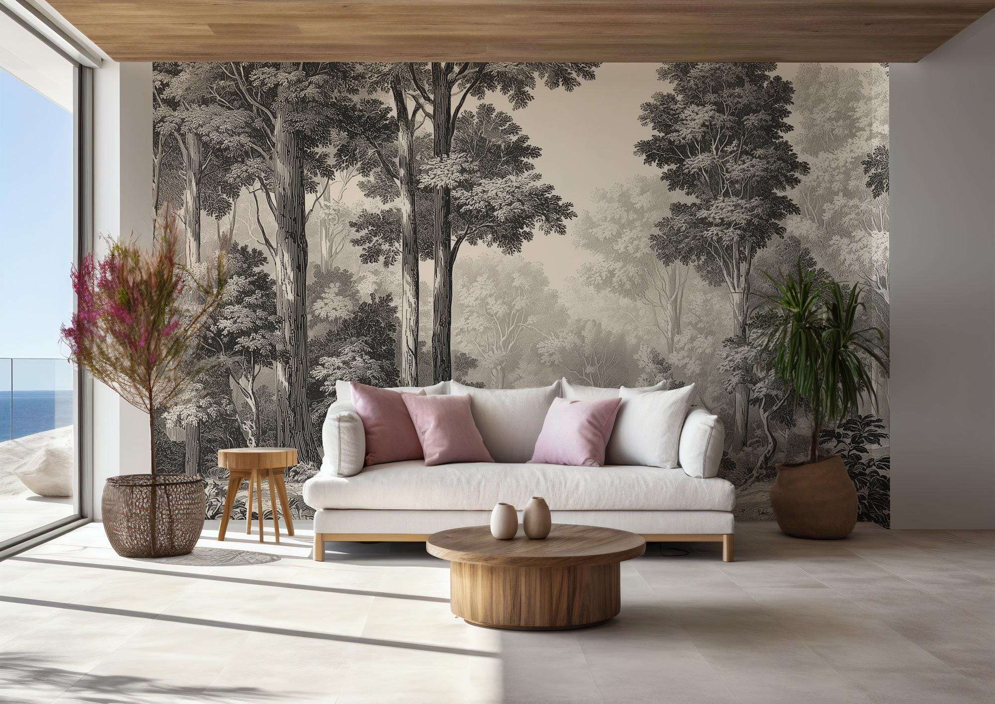Vintage Forest Wallpaper Mural: Black & White Woodland Trees Scenic Wall Art - View 4