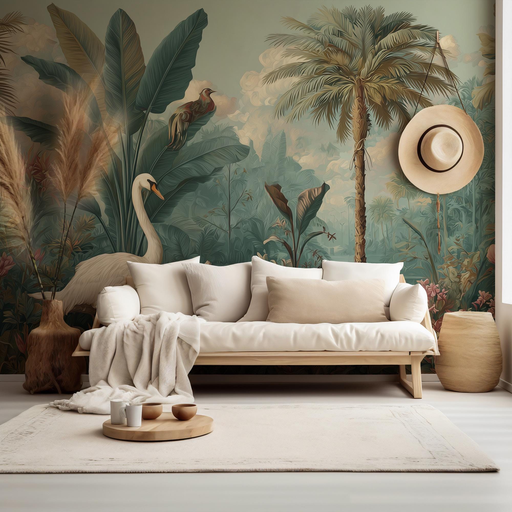 Tropical Swan and Palm Tree Wallpaper: Custom Size Peel and Stick Botanical Wall Mural - View 5