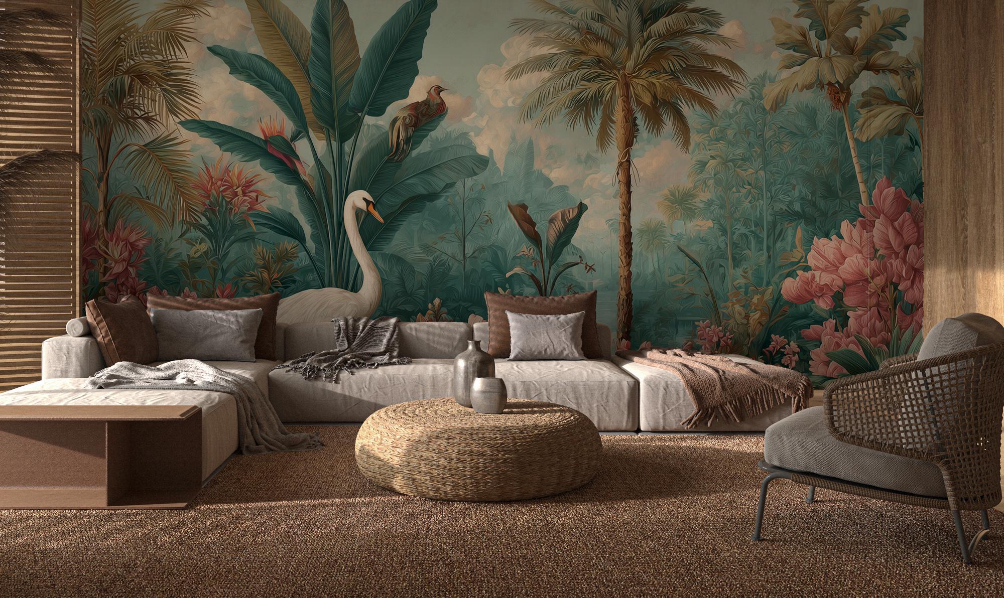 Tropical Swan and Palm Tree Wallpaper: Custom Size Peel and Stick Botanical Wall Mural - View 7