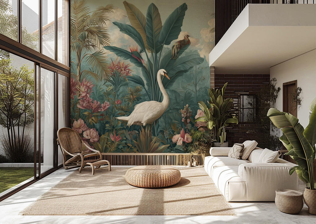 Tropical Swan and Palm Tree Wallpaper: Custom Size Peel and Stick Botanical Wall Mural - View 4