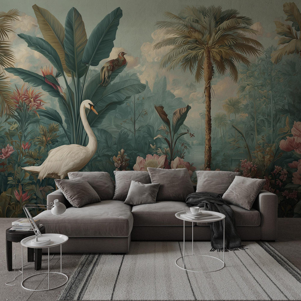 Tropical Swan and Palm Tree Wallpaper: Custom Size Peel and Stick Botanical Wall Mural - View 6