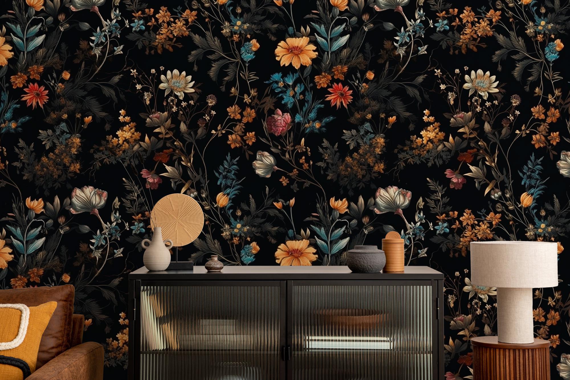 Dark Floral Wallpaper Mural: Vintage Botanical Peel and Stick Wall Art - View 4