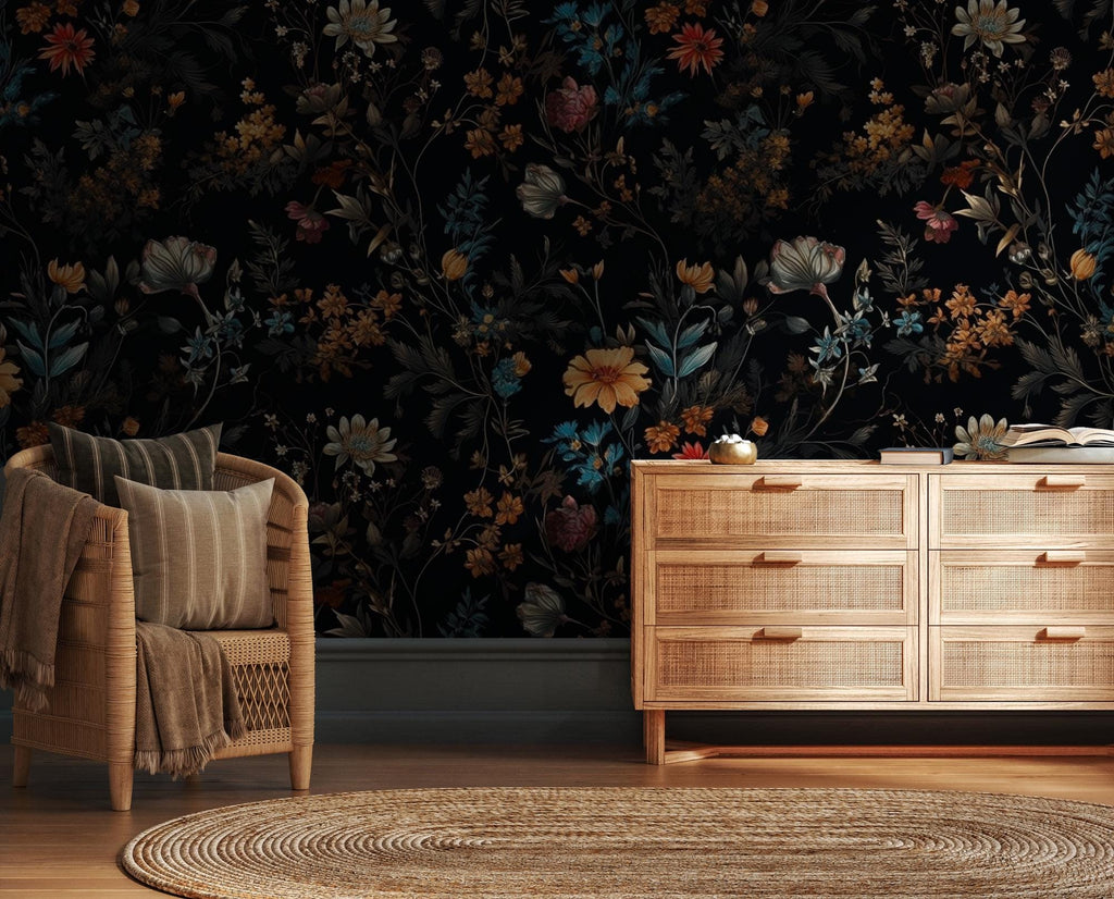 Dark Floral Wallpaper Mural: Vintage Botanical Peel and Stick Wall Art - View 3