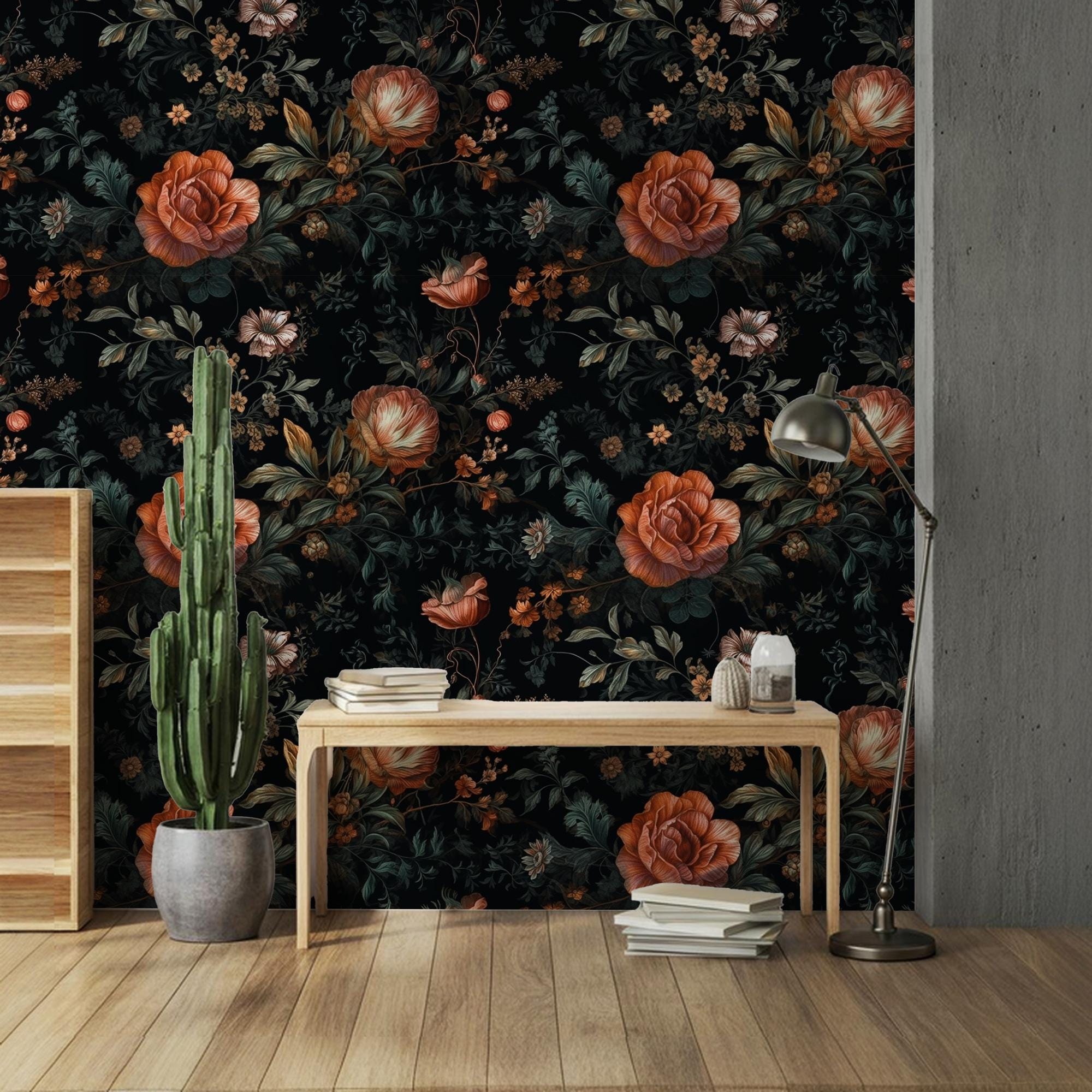 Dramatic Dark Floral Custom Sizes Wallpaper Mural: Elegant Botanical Peel and Stick Wall Decor - View 2