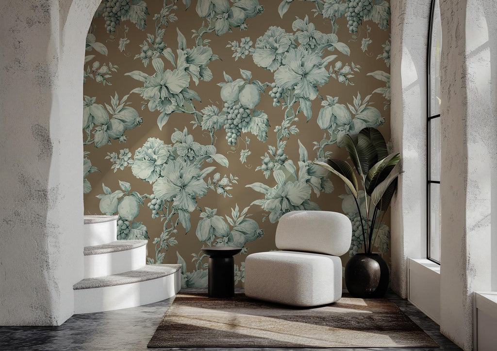 Brown and Blue Floral Wallpaper: Boho Wall Mural, Peel & Stick - View 3