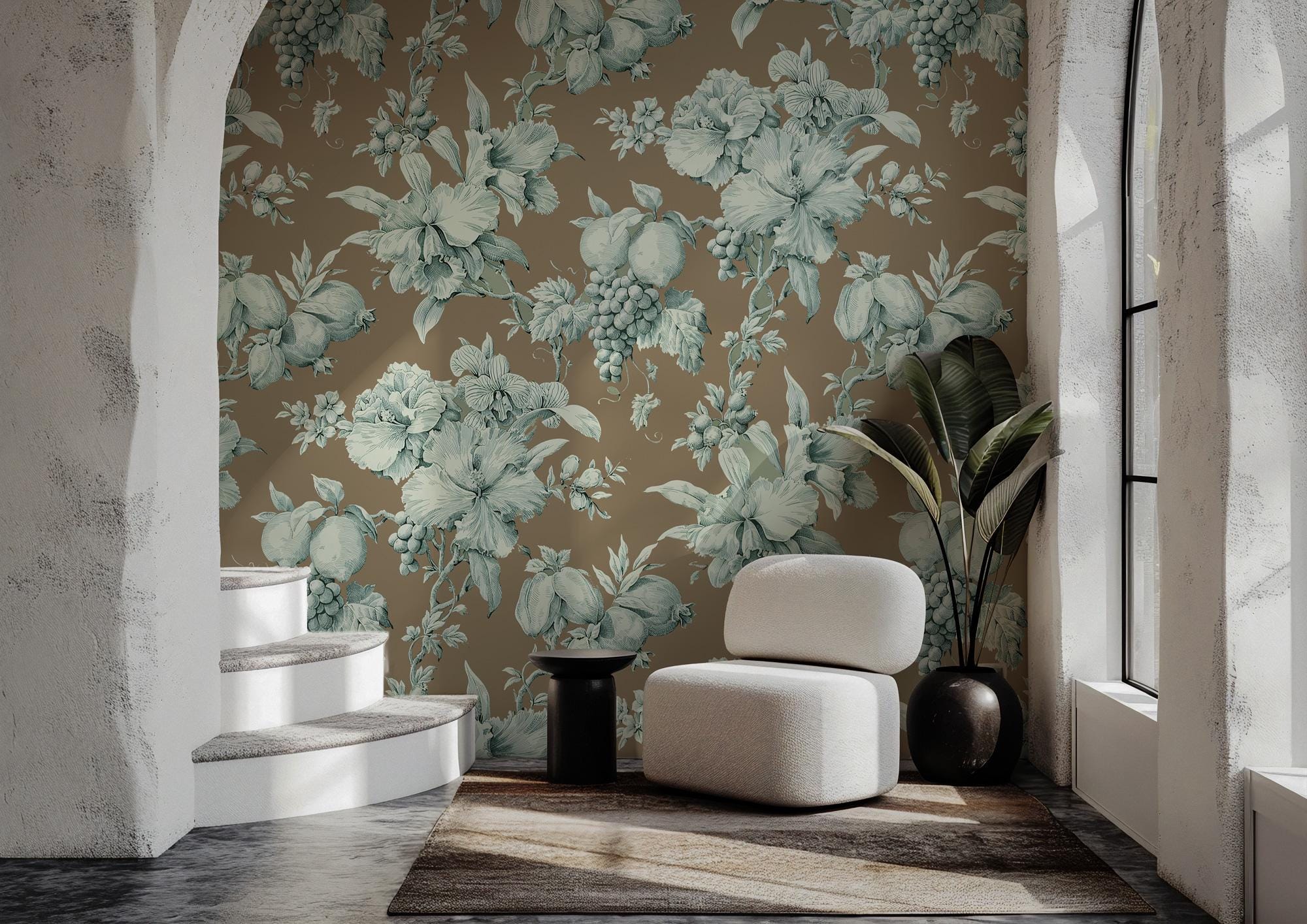 Brown and Blue Floral Wallpaper: Boho Wall Mural, Peel & Stick - View 3