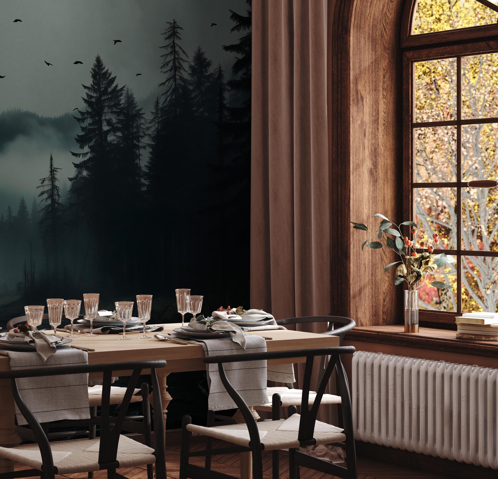 Misty Forest Peel and Stick Wallpaper, Dark Woodland Wall Mural, Nature Landscape Removable Wallpaper - View 5