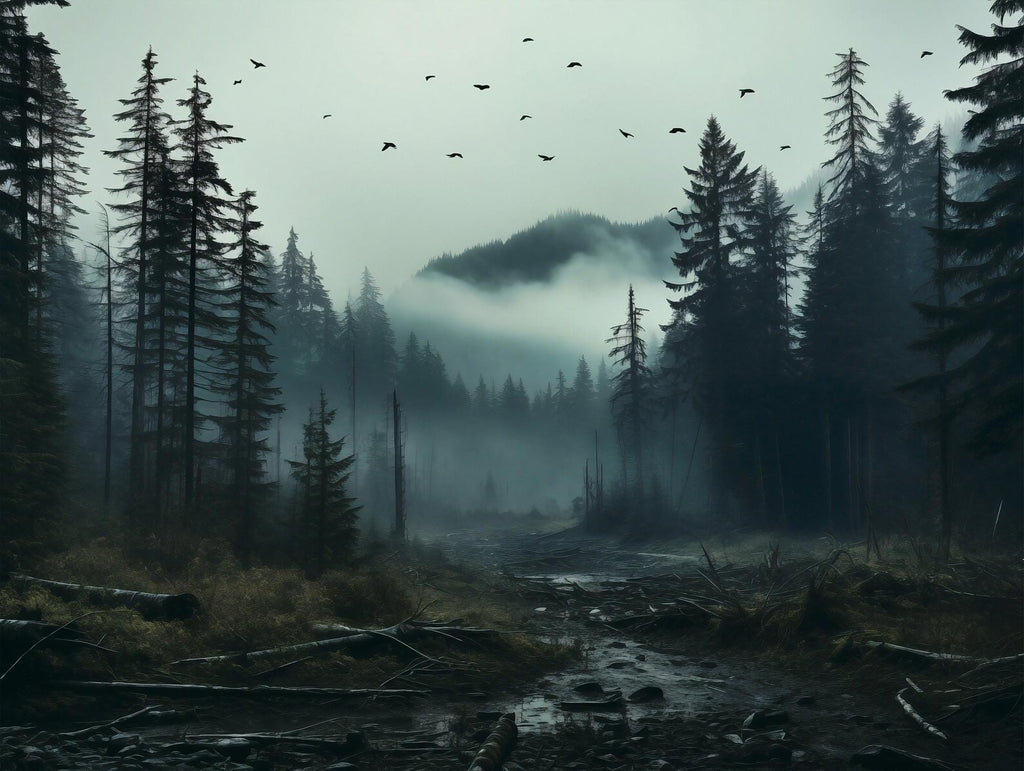 Misty Forest Peel and Stick Wallpaper, Dark Woodland Wall Mural, Nature Landscape Removable Wallpaper - View 2