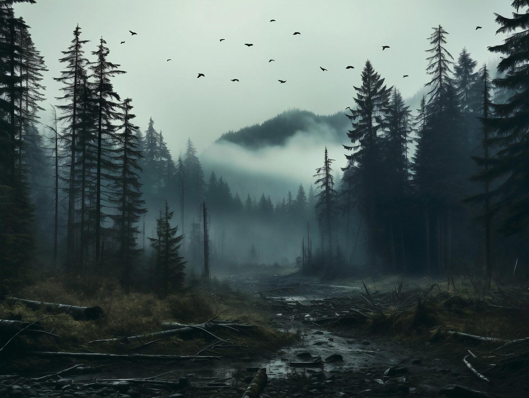Misty Forest Peel and Stick Wallpaper, Dark Woodland Wall Mural, Nature Landscape Removable Wallpaper - View 2