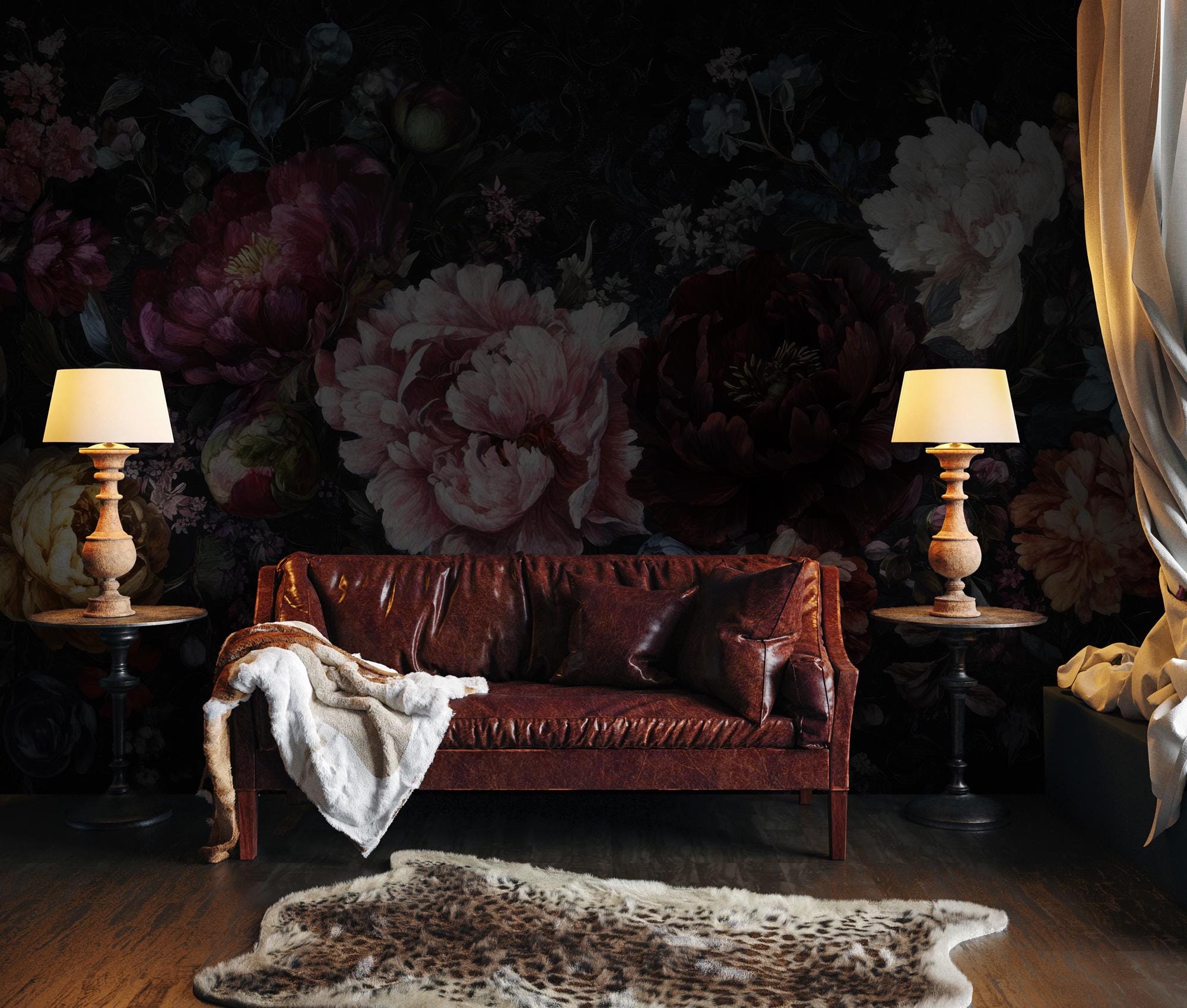 Dark Peony Floral Wall Mural: Bold Botanical Peel and Stick Wallpaper - View 4