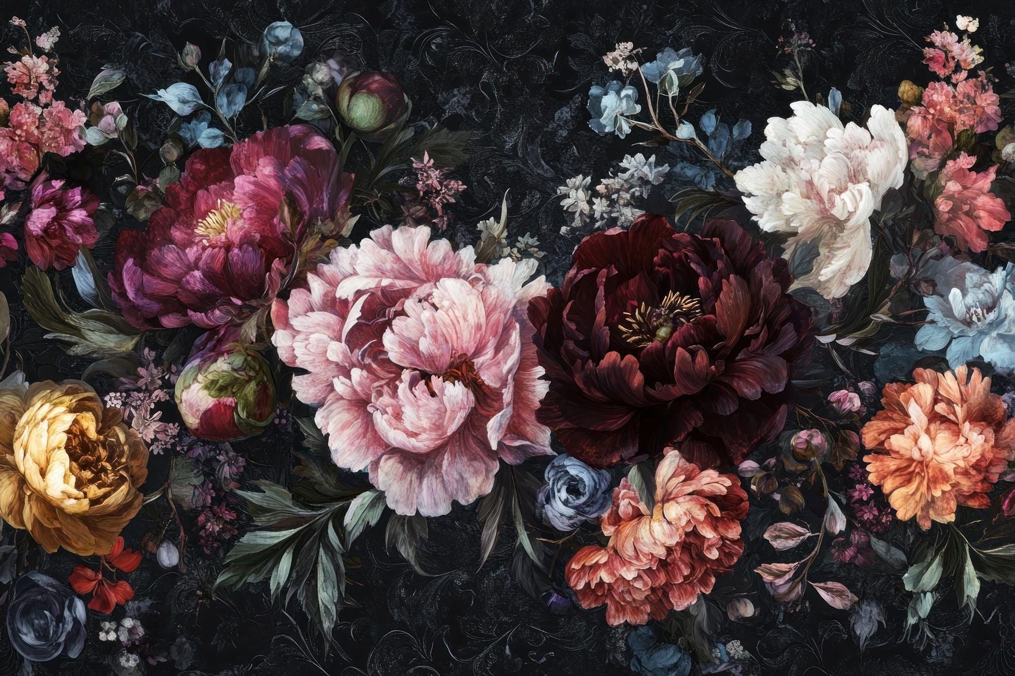 Dark Peony Floral Wall Mural: Bold Botanical Peel and Stick Wallpaper - View 6