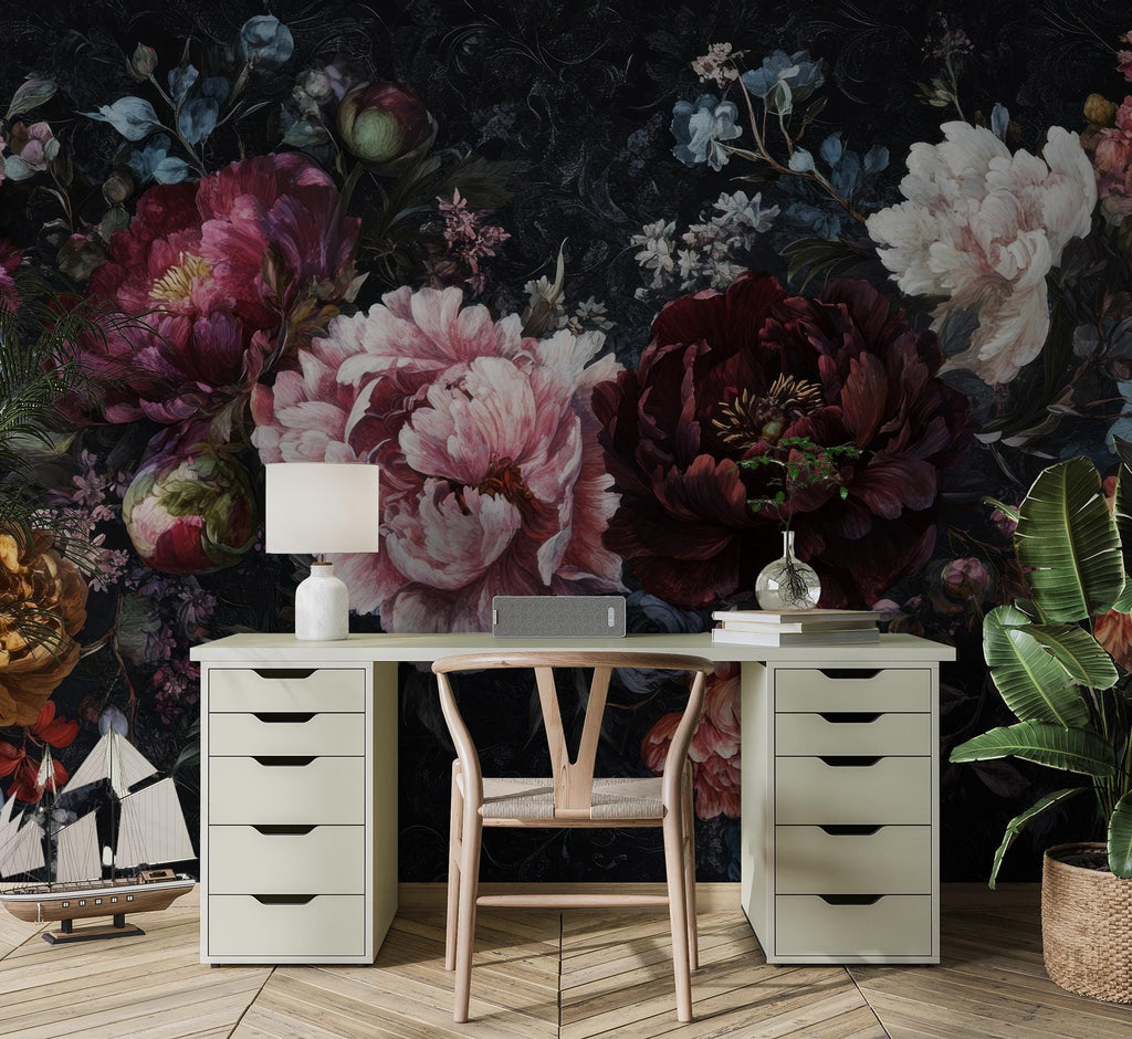 Dark Peony Floral Wall Mural: Bold Botanical Peel and Stick Wallpaper