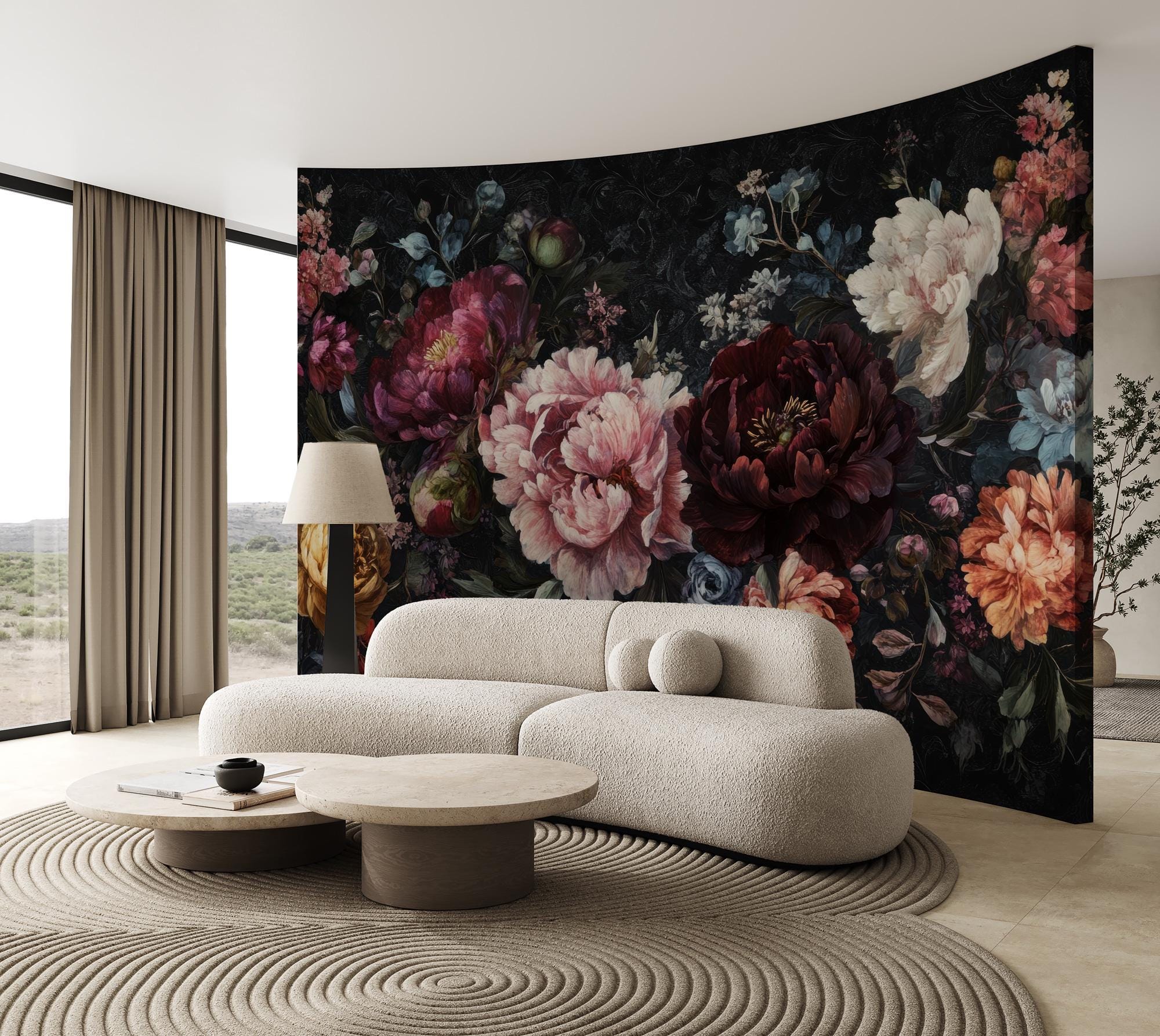 Dark Peony Floral Wall Mural: Bold Botanical Peel and Stick Wallpaper - View 3