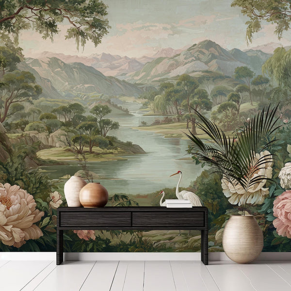 Chinoiserie Floral River Wall Mural – Scenic Landscape Peel and Stick Wallpaper