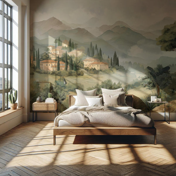 Vintage Countryside Landscape Wall Mural: Pastoral Scene Peel and Stick Wallpaper