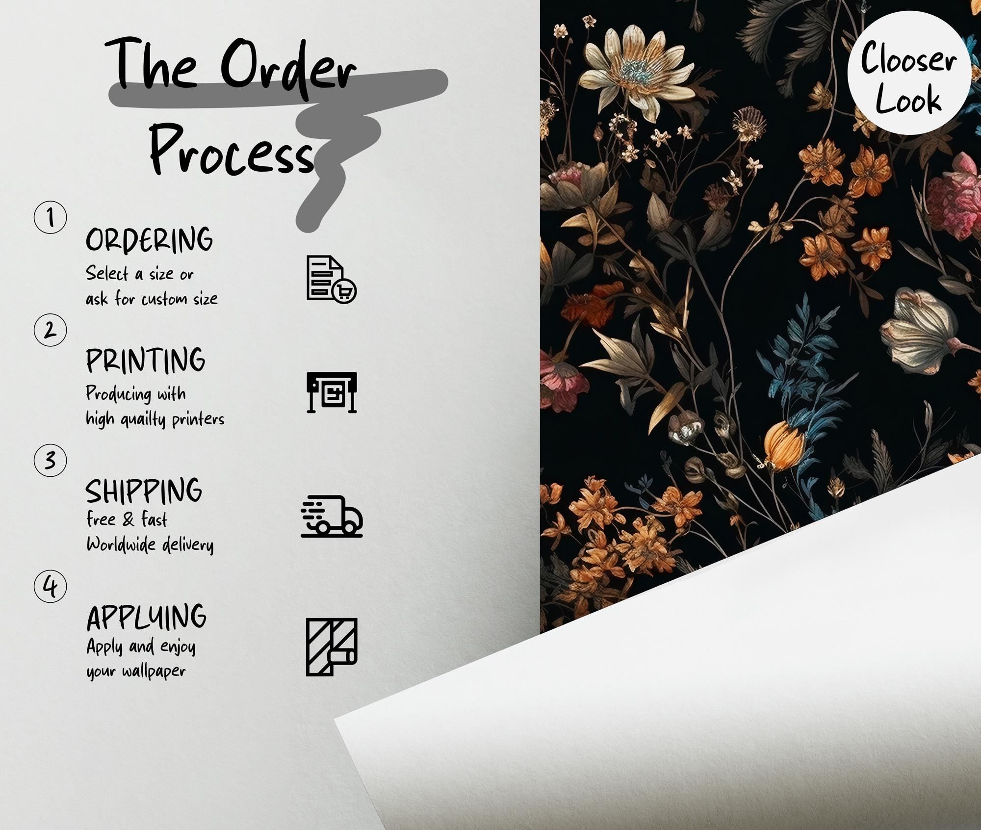 Dark Floral Wallpaper Mural: Vintage Botanical Peel and Stick Wall Art - View 5