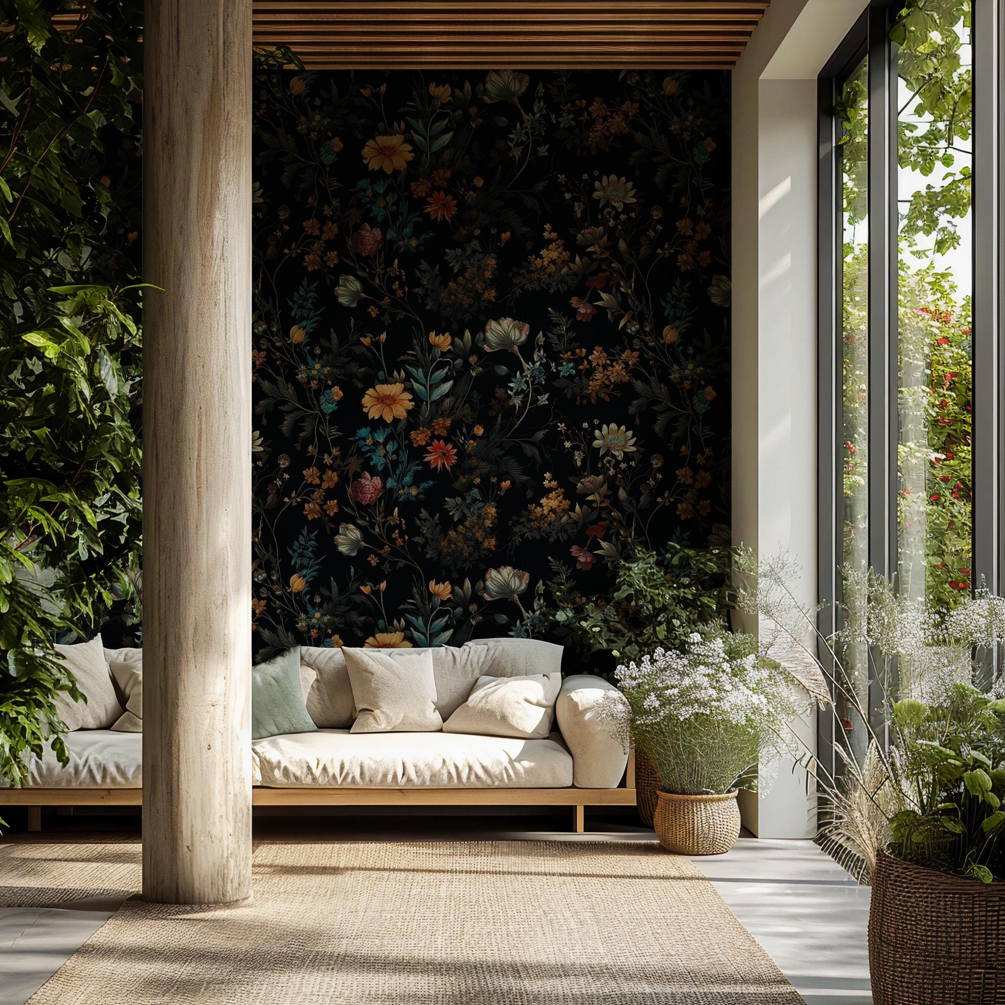 Dark Floral Wallpaper Mural: Vintage Botanical Peel and Stick Wall Art - View 2