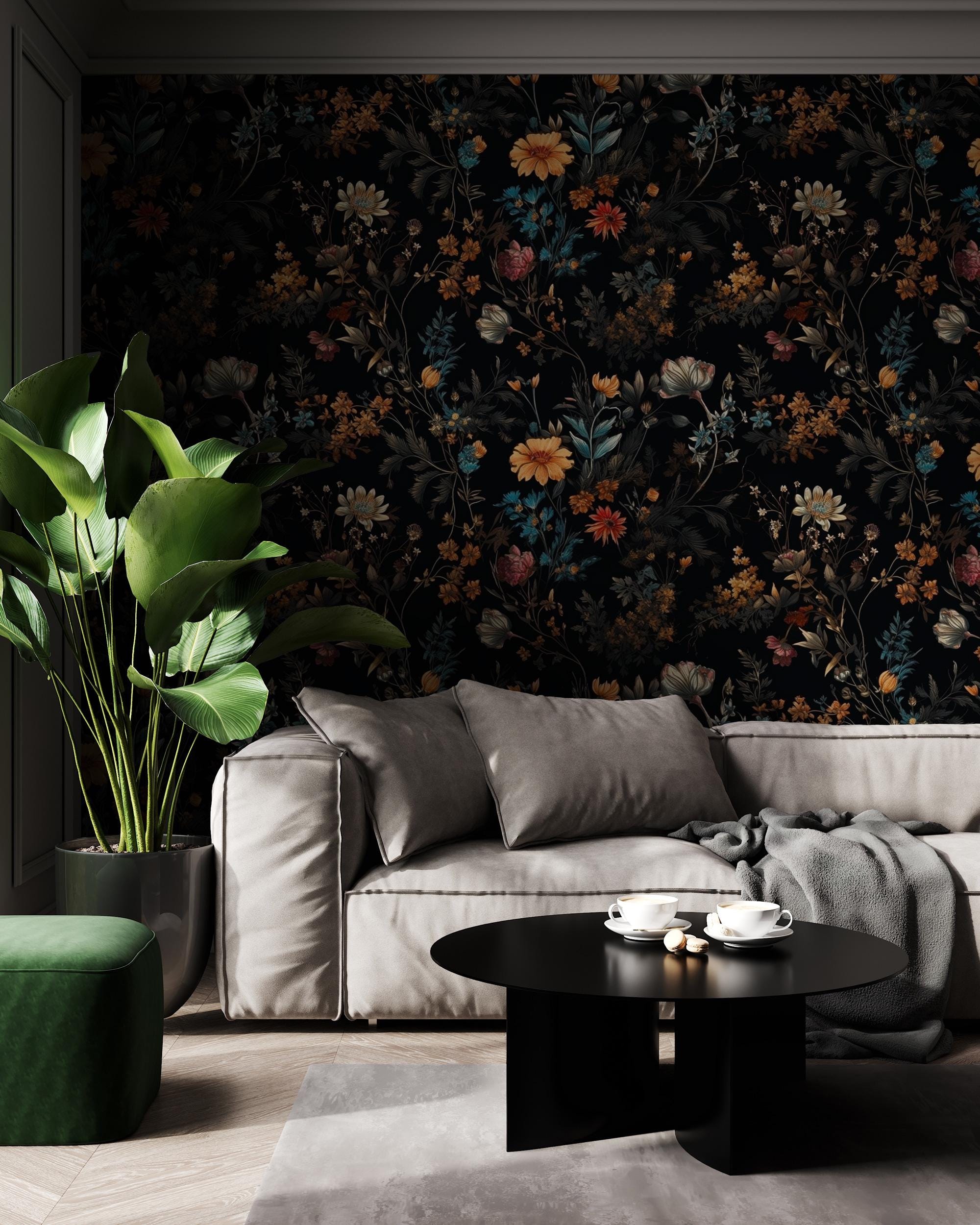 Dark Floral Wallpaper Mural: Vintage Botanical Peel and Stick Wall Art