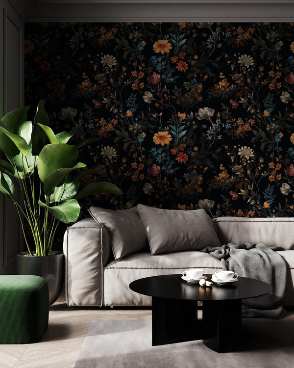 Dark Floral Wallpaper Mural: Vintage Botanical Peel and Stick Wall Art