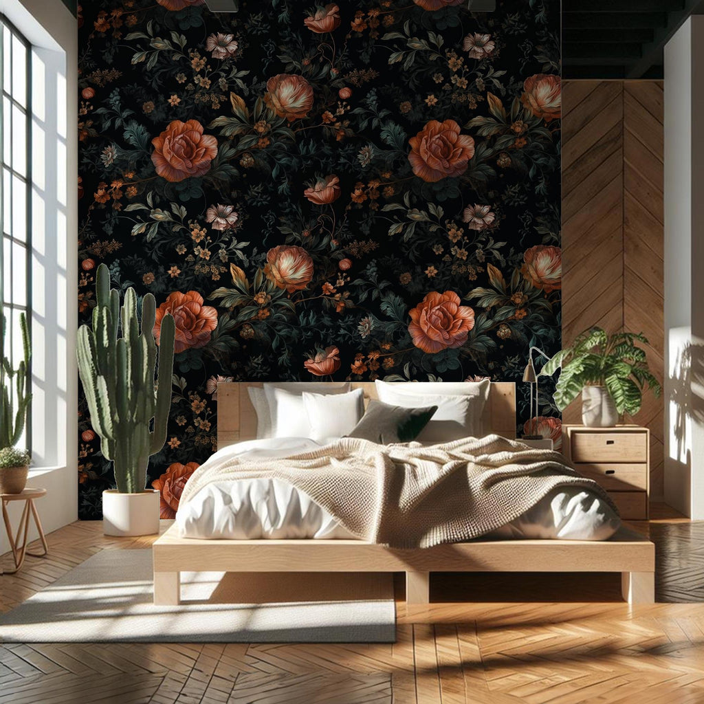 Dramatic Dark Floral Custom Sizes Wallpaper Mural: Elegant Botanical Peel and Stick Wall Decor - View 3