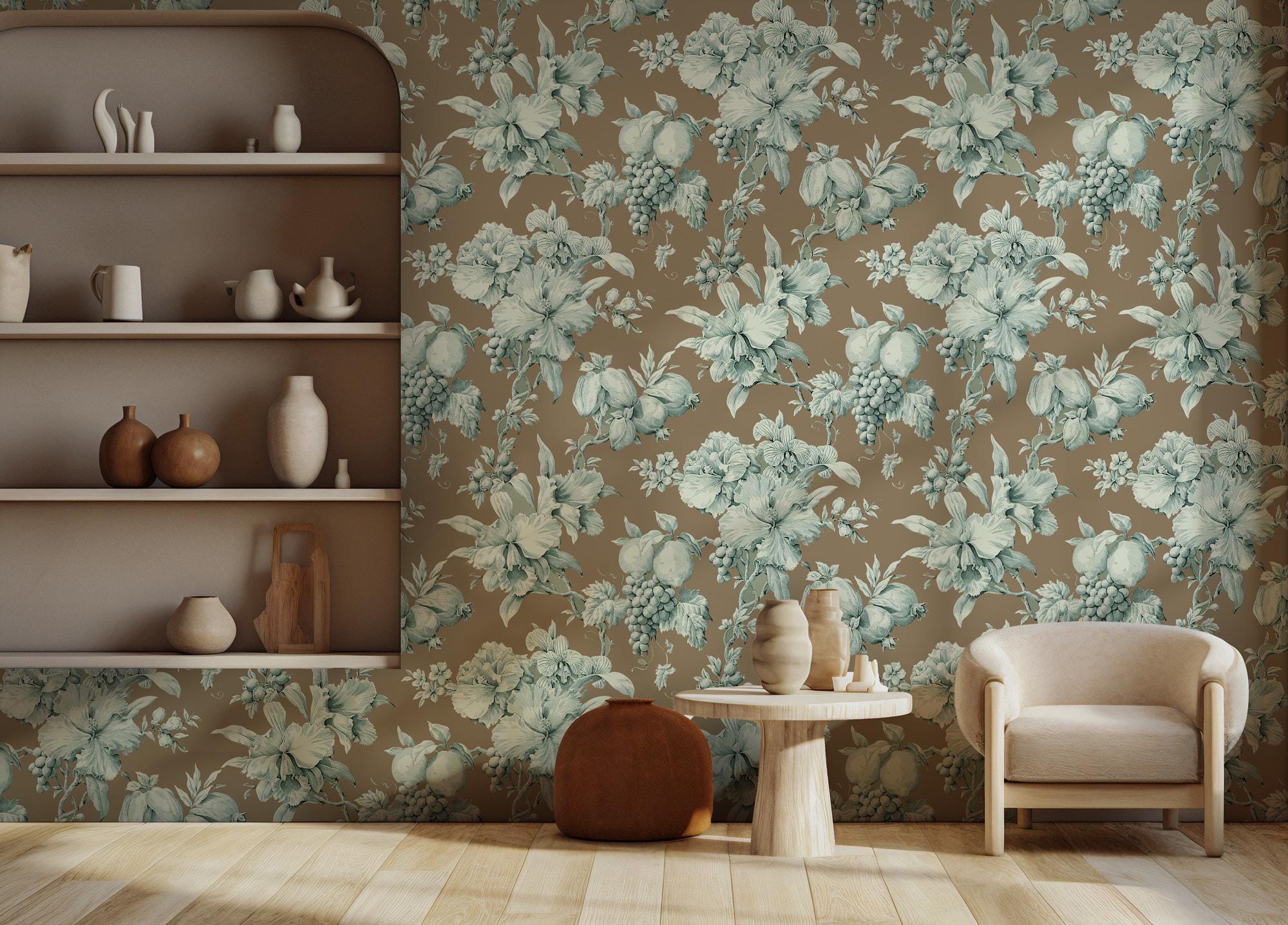 Brown and Blue Floral Wallpaper: Boho Wall Mural, Peel & Stick - View 2
