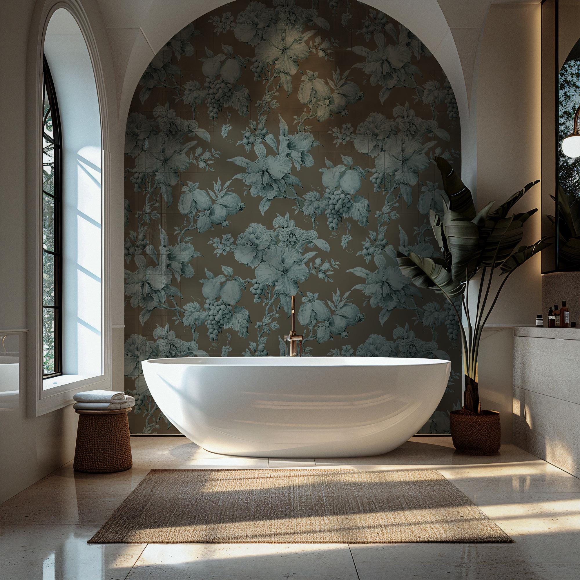 Brown and Blue Floral Wallpaper: Boho Wall Mural, Peel & Stick - View 4