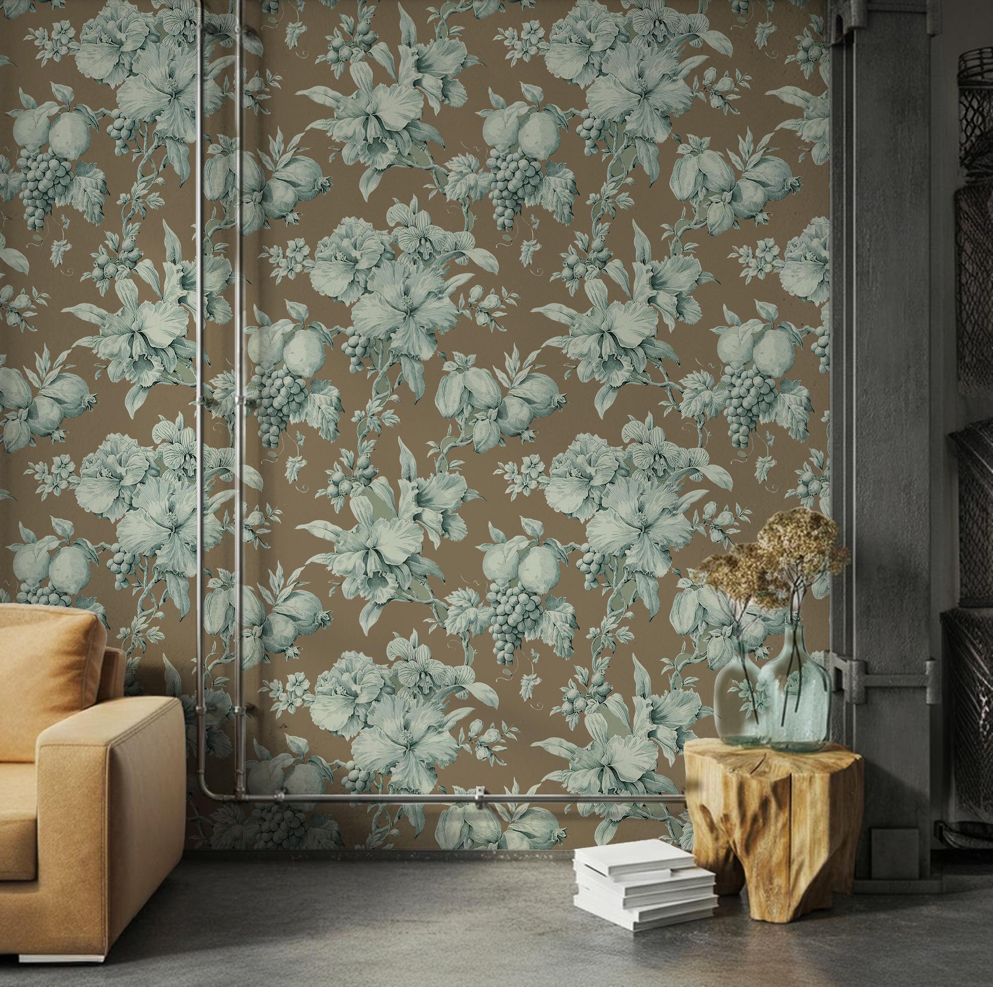 Brown and Blue Floral Wallpaper: Boho Wall Mural, Peel & Stick