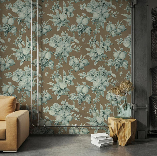 Brown and Blue Floral Wallpaper: Boho Wall Mural, Peel & Stick