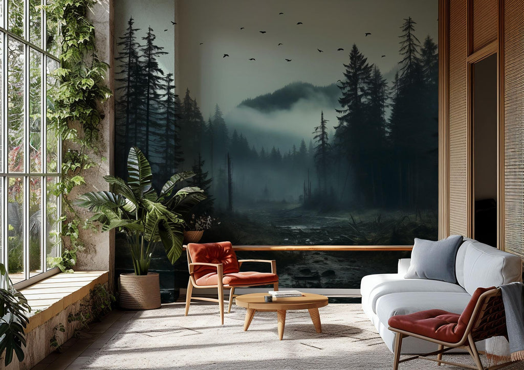 Misty Forest Peel and Stick Wallpaper, Dark Woodland Wall Mural, Nature Landscape Removable Wallpaper - View 6