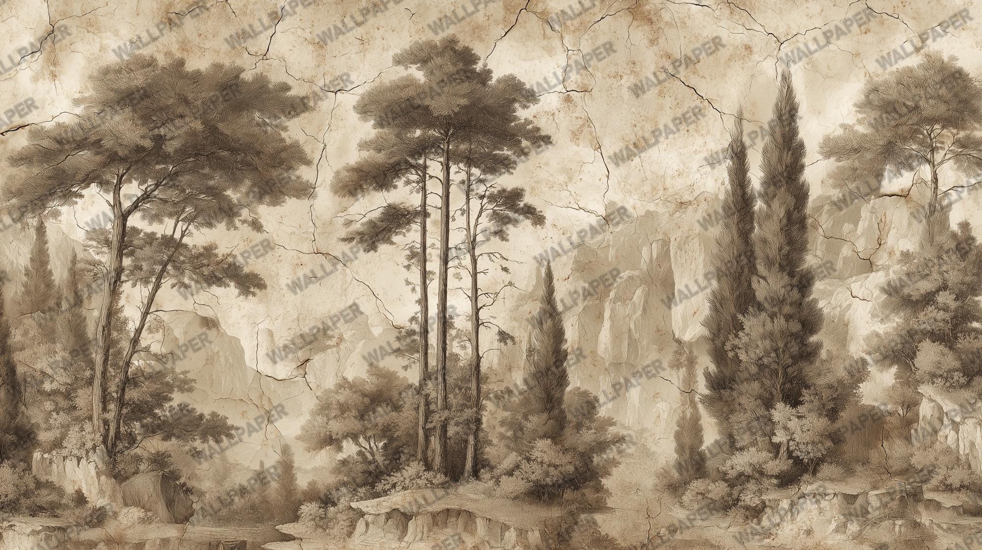 Vintage Sepia Wall Mural: Antique Landscape Peel and Stick Wallpaper, Textured Wall Art - View 5