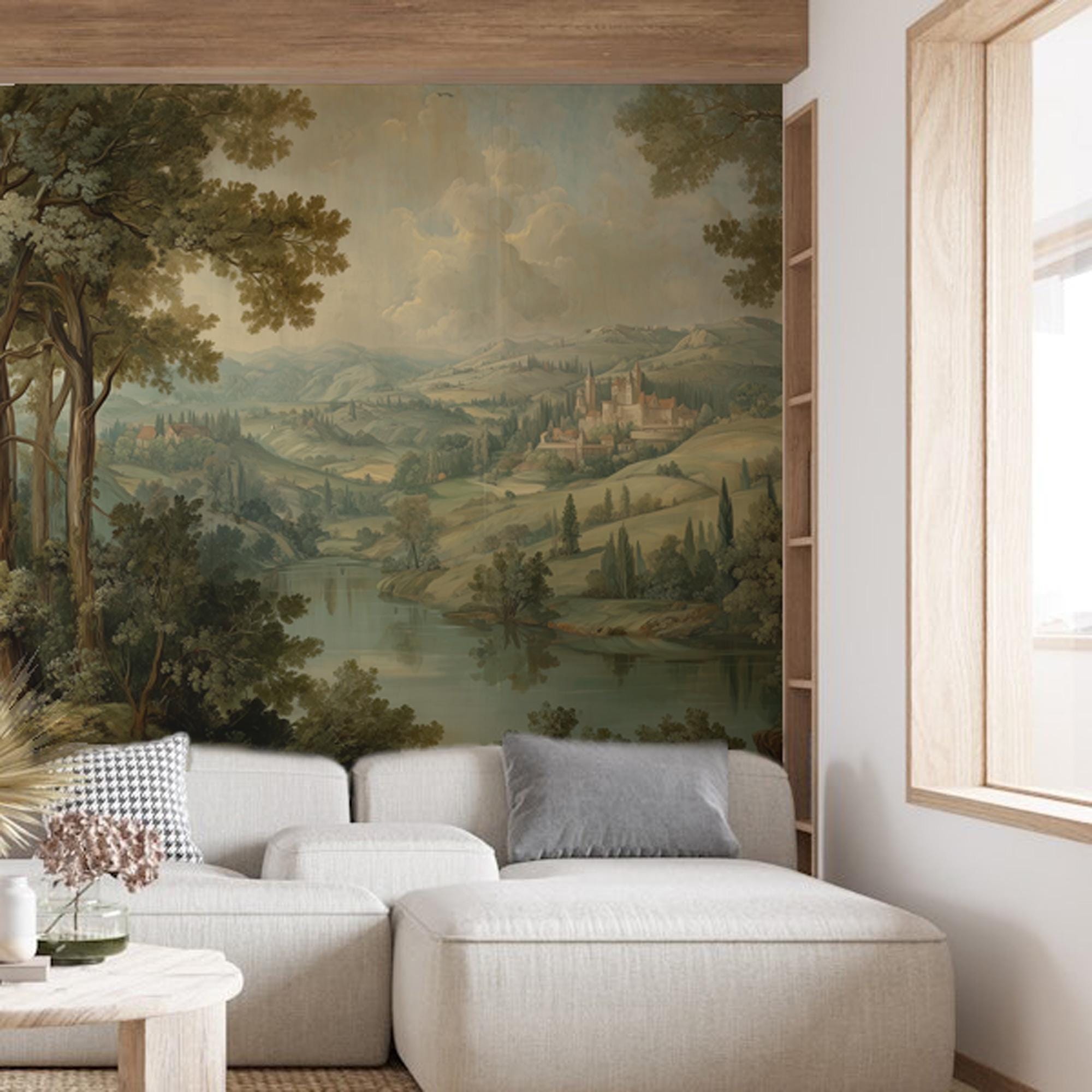 Scenic European Landscape Wall Mural: Vintage Painted Countryside Peel and Stick Wallpaper - View 2