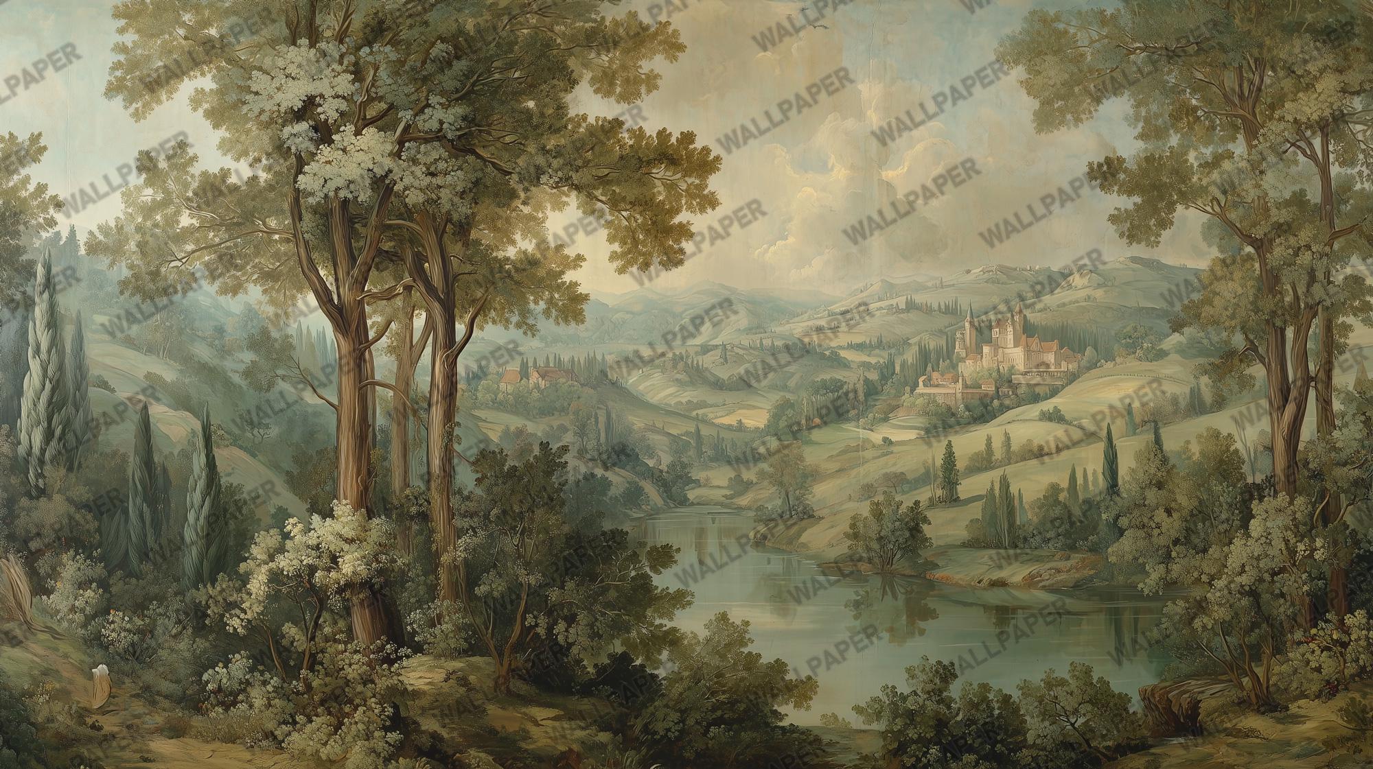 Scenic European Landscape Wall Mural: Vintage Painted Countryside Peel and Stick Wallpaper - View 5