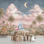 Jungle Safari Wallpaper Mural: Pink Sky, Exotic Animals