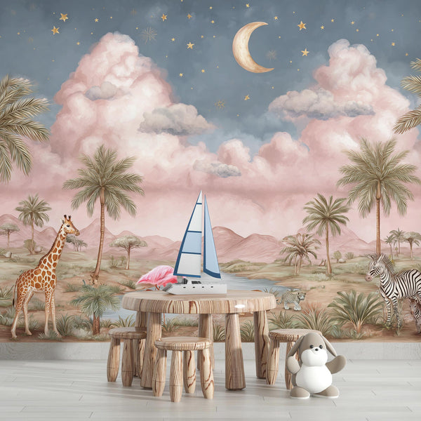 Jungle Safari Wallpaper Mural: Pink Sky, Exotic Animals