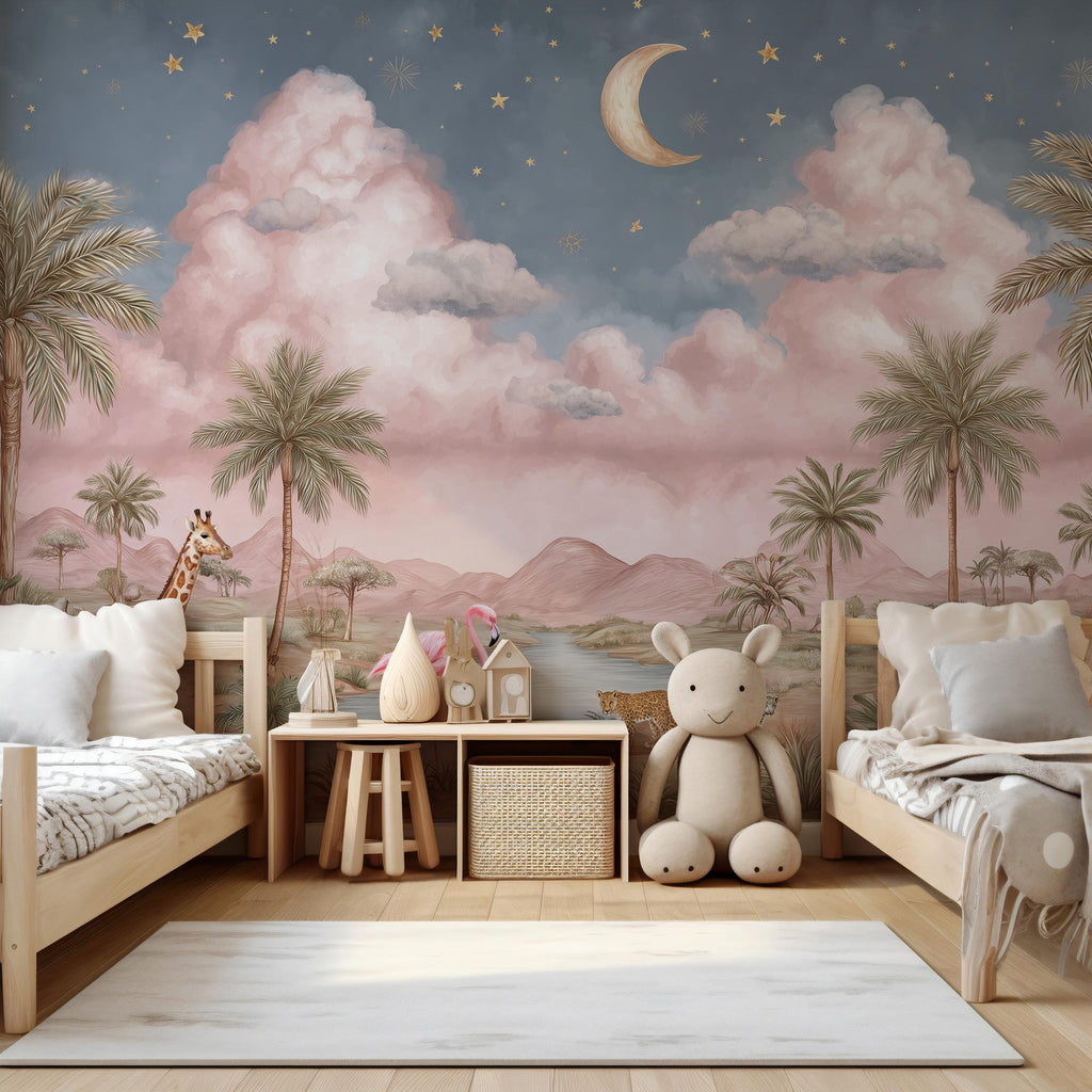 Jungle Safari Wallpaper Mural: Pink Sky, Exotic Animals - View 4
