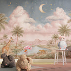 Jungle Safari Wallpaper Mural: Pink Sky, Exotic Animals - View 2