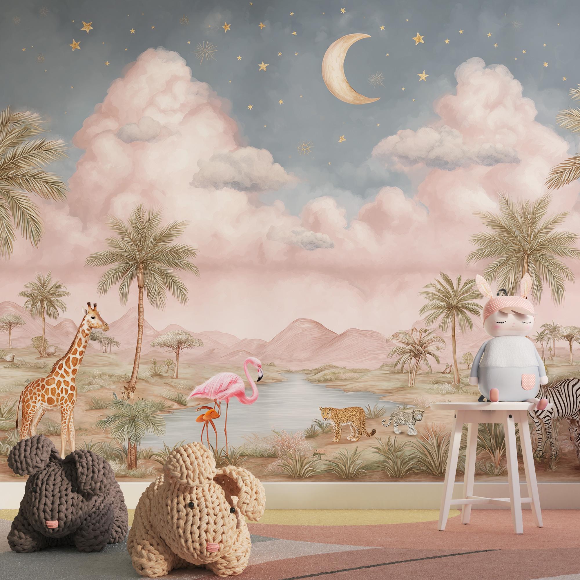 Jungle Safari Wallpaper Mural: Pink Sky, Exotic Animals - View 2