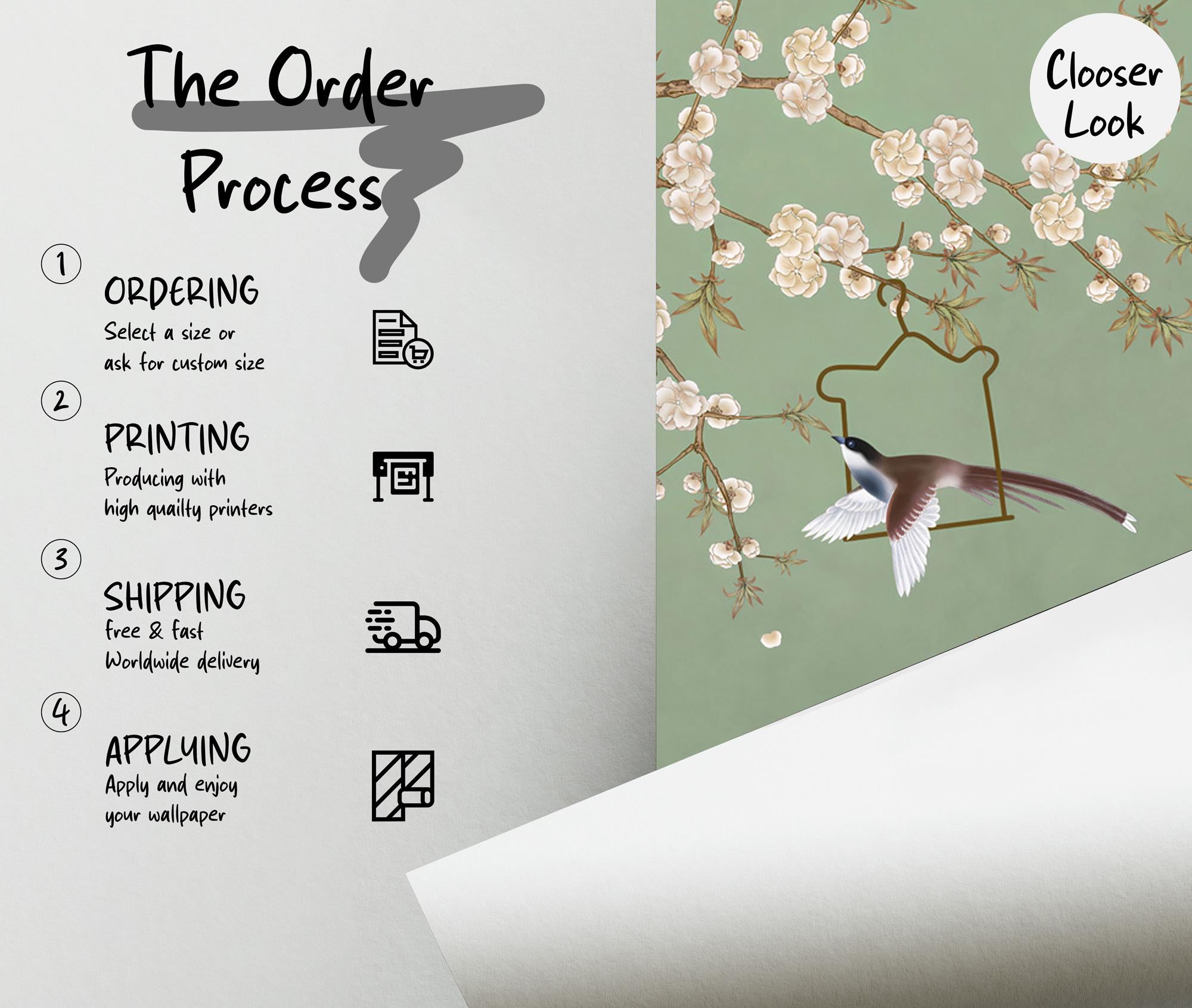 Vintage Chinoiserie Wall Mural: Birds & Floral Peel and Stick Wallpaper - View 3