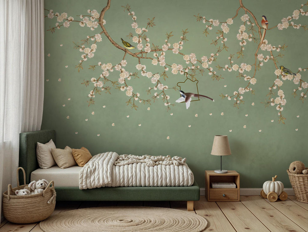 Vintage Chinoiserie Wall Mural: Birds & Floral Peel and Stick Wallpaper - View 6